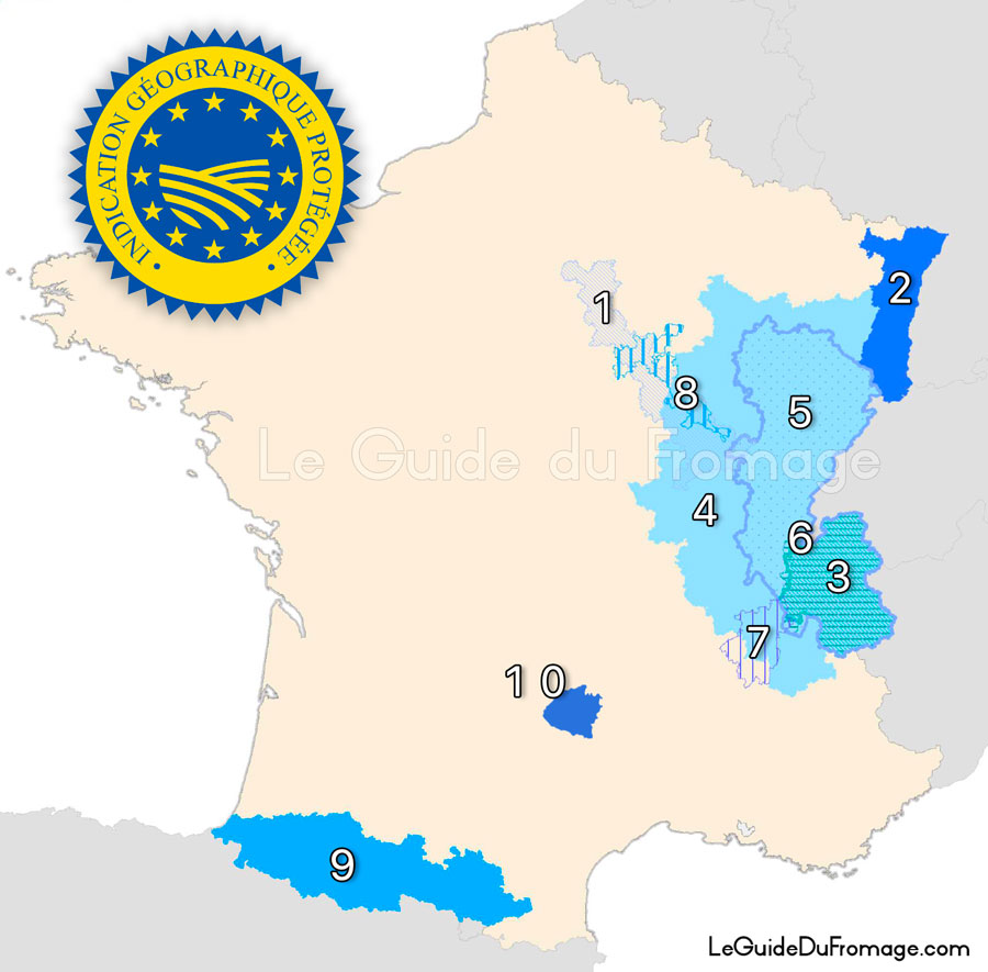 Carte de France des zones des fromages IGP
